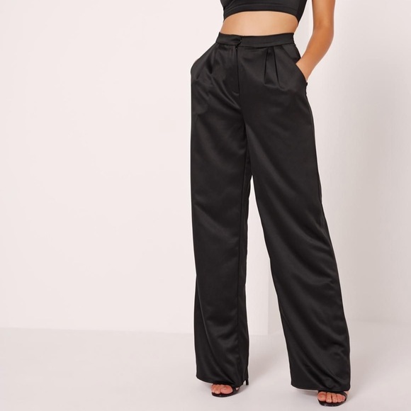 Missguided Pants - Missguided Black Satin High Waisted Wide Pants